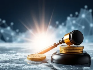 A judge's gavel next to a stack of USDC coins, symbolizing the unfreezing of $57.6 million in the Libra memecoin case by a federal judge.