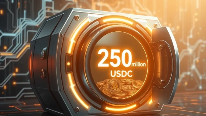 Visualizing a massive $250 million USDC minting event, representing a significant stablecoin supply increase impacting crypto liquidity.