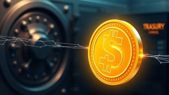 Visualizing a massive USDC transfer of 500 million stablecoins from a treasury to an unknown digital wallet, highlighting a significant crypto whale movement.