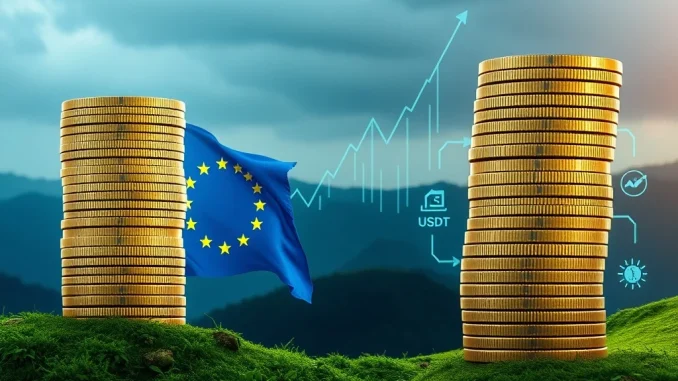 USDC and USDT stablecoins in a dynamic market, symbolizing their competition and the impact of MiCA Compliance on the Stablecoin Market.