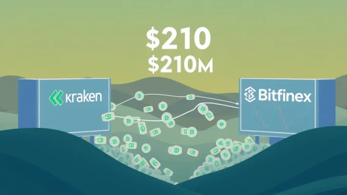 Illustrating a significant $210 million USDT transfer between Kraken and Bitfinex, highlighting its impact on crypto arbitrage and stablecoin liquidity.
