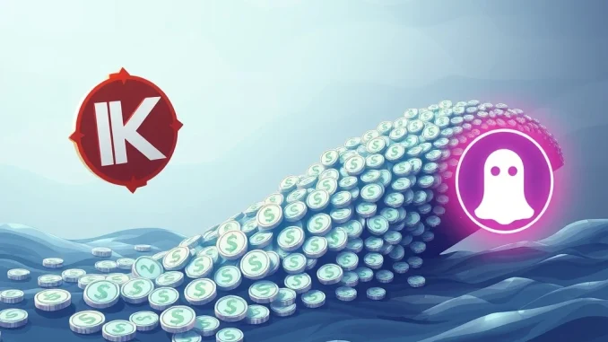 Visualizing a significant USDT transfer, depicting a large flow of digital currency from Kraken to Aave, indicating major crypto whale activity.