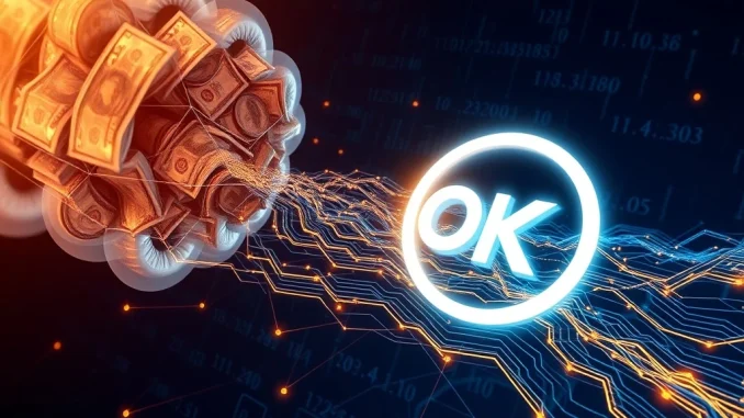 Illustrating a significant **USDT transfer** of $300 million flowing into the OKX exchange, highlighting large-scale cryptocurrency movements.
