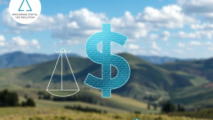 A secure digital dollar symbol (USDtb stablecoin) integrated with blockchain, representing the groundbreaking compliance of Anchorage Digital and Ethena Labs with the GENIUS Act.