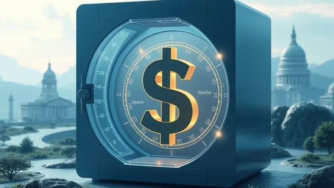 Illustrates the secure, regulated launch of the USDtb stablecoin, symbolizing the integration of crypto into traditional finance via the GENIUS Act.