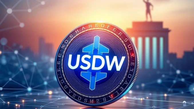 WisdomTree's new USDW stablecoin logo emerging from a digital blockchain network, symbolizing a secure and innovative financial future for digital assets.