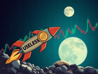 A wobbly 'USELESS Coin' rocket attempting a moon launch, symbolizing the speculative nature of meme coin analysis and potential altcoin investment.