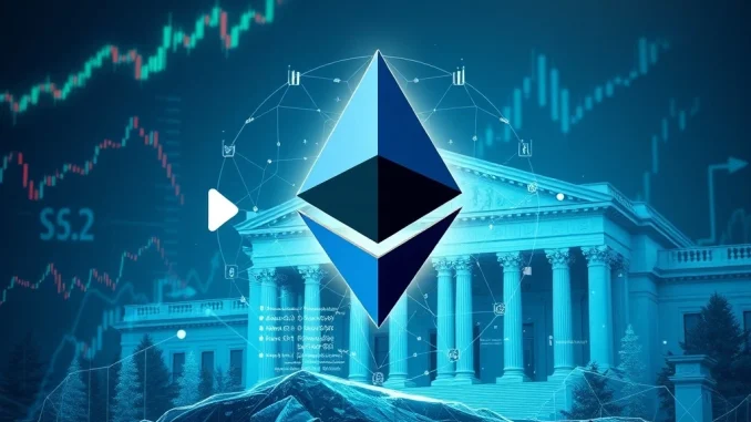 An illustration symbolizing the VanEck ETH ETF filing, showing the Ethereum logo with a chart ascending towards a building representing the SEC, indicating regulatory progress.