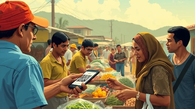 Venezuelan citizens using mobile phones for everyday **crypto payments Venezuela** in a bustling market, symbolizing widespread **Venezuela crypto adoption** amidst economic instability.