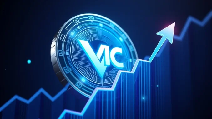 VIC cryptocurrency surging on a digital graph with blockchain elements