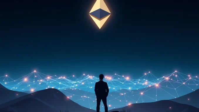 A digital illustration showing Vitalik Buterin's silhouette overseeing a rising Ethereum chart, symbolizing his fortune growing with the Ethereum rally.