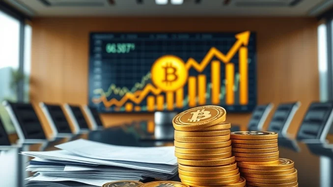 Volcon Bitcoin strategy: corporate financial documents, Bitcoin coins, and upward arrows symbolize the company's $375M Bitcoin holdings and $100M stock buyback.