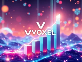 A visual representation of VOXEL's explosive price surge, showcasing growth charts and network connections, symbolizing the impact of its major product launch and strategic blockchain partnerships.