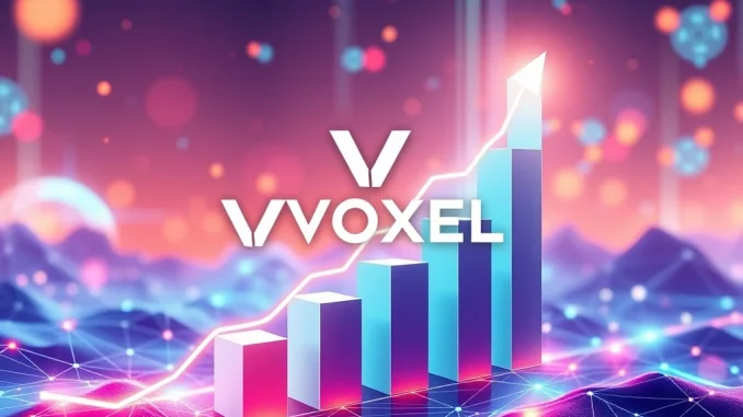 A visual representation of VOXEL's explosive price surge, showcasing growth charts and network connections, symbolizing the impact of its major product launch and strategic blockchain partnerships.