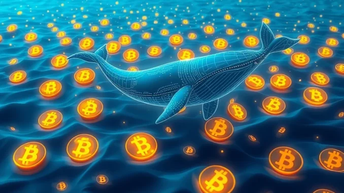 A digital whale icon swimming through a sea of Wrapped Bitcoin (WBTC) symbols, representing a significant WBTC accumulation on Aave.