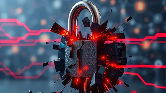 A broken digital lock representing compromised Web3 security, illustrating the devastating impact of AI-driven attacks on crypto assets.