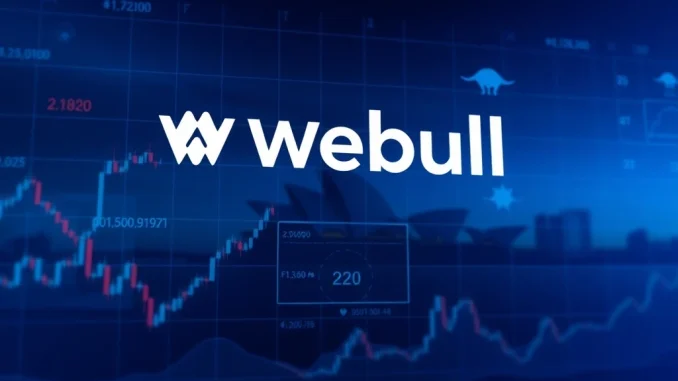 Webull Australia crypto trading platform interface with a map of Australia and digital currency symbols, symbolizing expanded access.