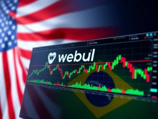 Webull crypto trading platform interface showing charts and a green 'buy' button, signifying the resumption of online brokerage crypto services for U.S. users.
