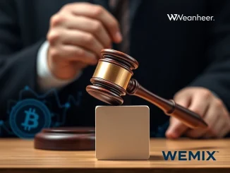 A judge's gavel and Wemade/WEMIX logos representing the crucial Wemade WEMIX lawsuit and court order.