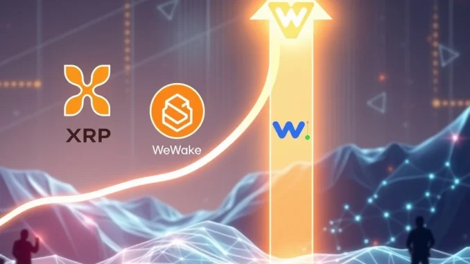 Visualizing the crypto market shift, with XRP and Solana symbols declining while the WeWake presale token rises.