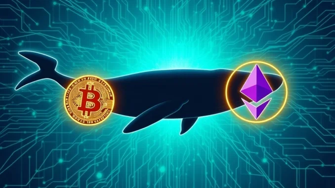 Strategic Whale Shift: Bitcoin to Ethereum Investment Signals Crucial Market Evolution A digital illustration of a whale moving large sums, symbolizing a significant Bitcoin to Ethereum whale shift in the cryptocurrency market.