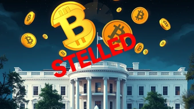 White House and Bitcoin symbols representing stalled crypto reserve expansion