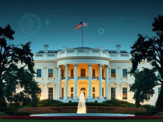 An abstract illustration of the White House with digital currency symbols, representing the upcoming White House crypto report and its implications for US crypto policy.