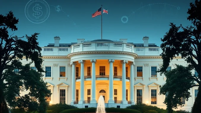 An abstract illustration of the White House with digital currency symbols, representing the upcoming White House crypto report and its implications for US crypto policy.