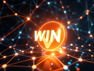 WIN cryptocurrency logo shining amid a blockchain network, symbolizing rapid growth and strategic partnerships.