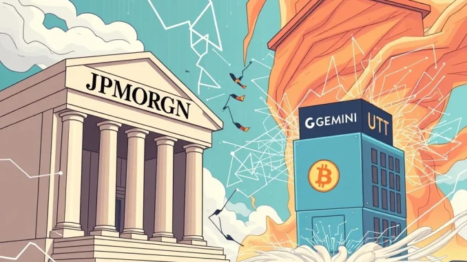 An intense clash between traditional banking and crypto, symbolizing the Winklevoss JPMorgan dispute over crypto data access.