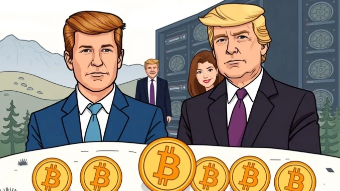 The Winklevoss twins shake hands with members of the Trump family, symbolizing a strategic crypto investment in a Bitcoin miner.