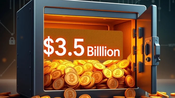 A secure digital vault locking up a massive $3.5 billion in WLFI tokens, representing the significant crypto lock-up for WorldLibertyFinancial.