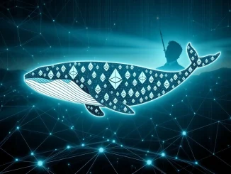 Trump-backed WLFI's significant Ethereum investment, depicting a digital whale accumulating ETH.