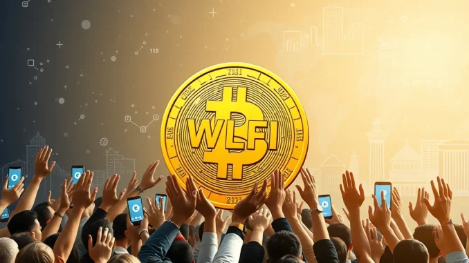 WLFI token surrounded by a jubilant community, representing the overwhelming crypto community vote to make WLFI tradable.