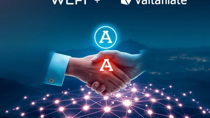 Illustrates the groundbreaking WLFI Vaulta partnership, merging traditional and Web3 banking with a focus on decentralized finance and digital assets.