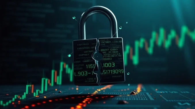 A digital padlock breaking, symbolizing the WOO X breach and the urgent need for cryptocurrency security improvements on trading platforms.