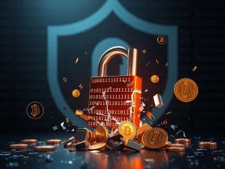 Visualizing the WOO X security breach: digital currencies escaping a broken lock, symbolizing the $12M crypto hack.