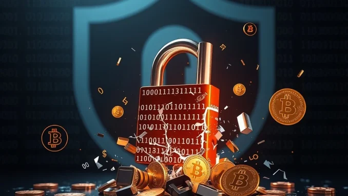 Visualizing the WOO X security breach: digital currencies escaping a broken lock, symbolizing the $12M crypto hack.