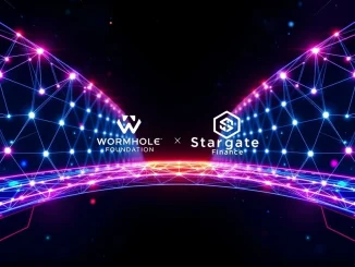 Wormhole Foundation and Stargate Finance logos merging on a digital bridge, symbolizing their strategic acquisition and future of cross-chain interoperability.
