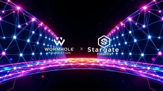 Wormhole Foundation and Stargate Finance logos merging on a digital bridge, symbolizing their strategic acquisition and future of cross-chain interoperability.