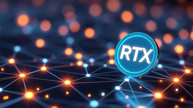 XLM and RTX tokens shining on a blockchain network, symbolizing cryptocurrency growth.