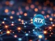 XLM and RTX tokens shining on a blockchain network, symbolizing cryptocurrency growth.