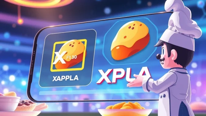 Digital illustration of a mobile game screen featuring Bungeoppang Tycoon characters and the XPLA logo, symbolizing blockchain gaming innovation.