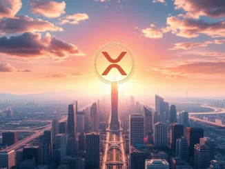 XRP coin shining over a futuristic financial city, symbolizing growth and opportunity.