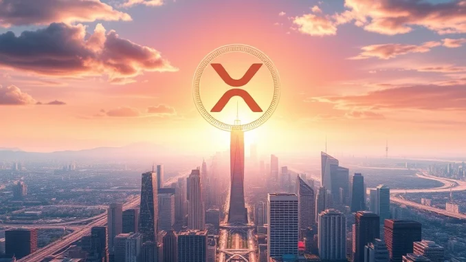 XRP coin shining over a futuristic financial city, symbolizing growth and opportunity.