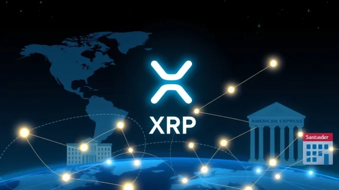 Visualizing XRP adoption as a crucial bridge for major banks like Amex and Santander in global cross-border payments.