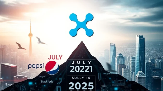 XRP token symbol ascending above corporate logos, signifying XRP's growth and disruption in the cryptocurrency market.