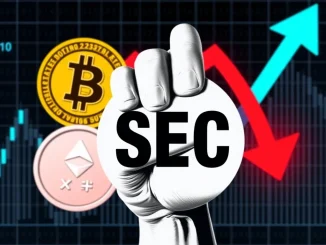 An illustration showing the SEC halting a Bitwise Crypto ETF, symbolizing regulatory hurdles and the resulting XRP price drop.