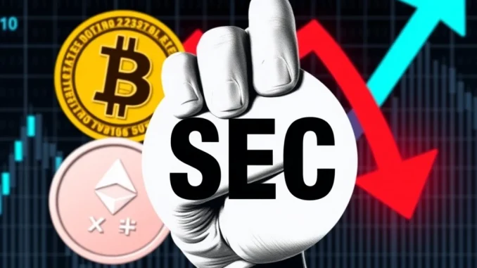 An illustration showing the SEC halting a Bitwise Crypto ETF, symbolizing regulatory hurdles and the resulting XRP price drop.