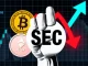 An illustration showing the SEC halting a Bitwise Crypto ETF, symbolizing regulatory hurdles and the resulting XRP price drop.